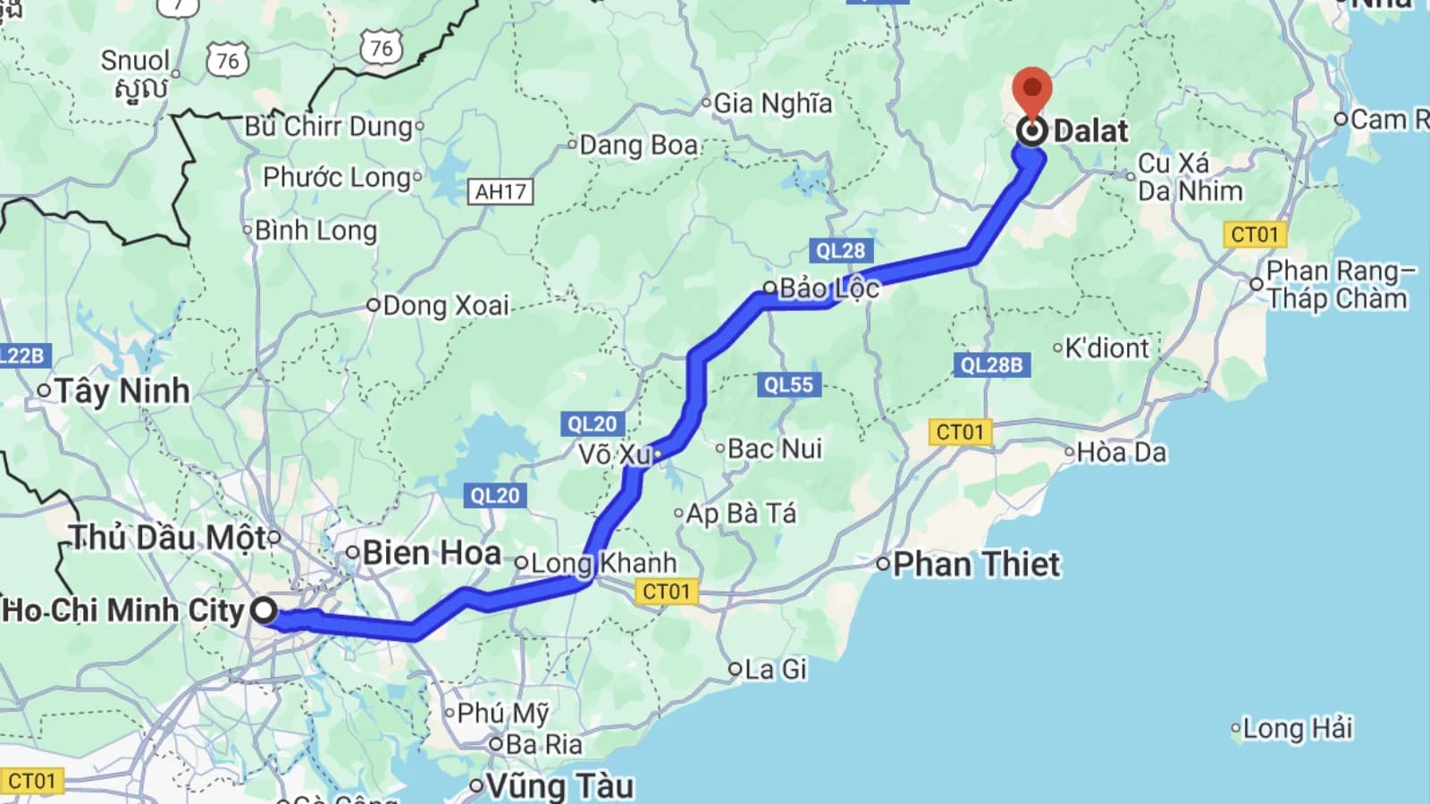 route from Ho Chi Minh City to Dalat